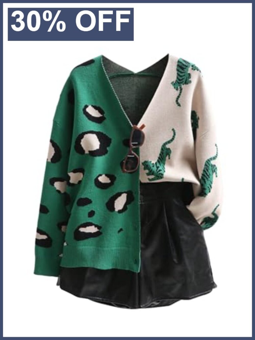 Leopard Tiger Print V-Neck Button Down Cardigan Loose Fit Long Sleeve Sweater